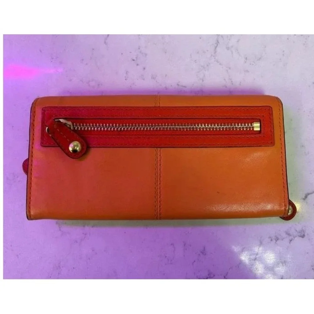 Coach Wallet Women Orange Good Colorblock Zipper Button Slim Envelope Leather